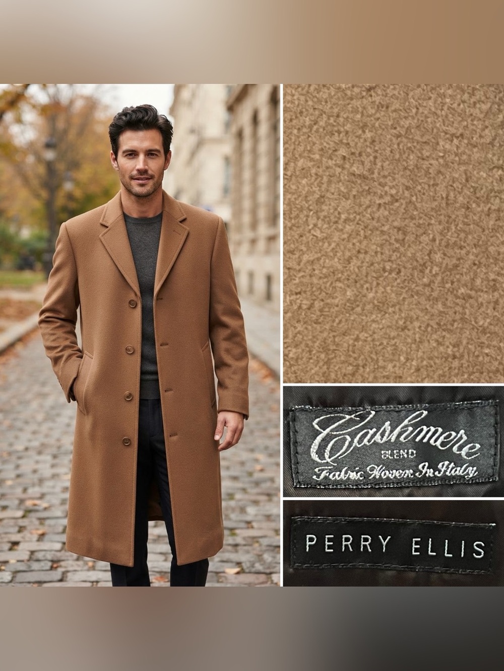 Perry Ellis Men’s Cashmere Blend Tan Overcoat Large Vintage